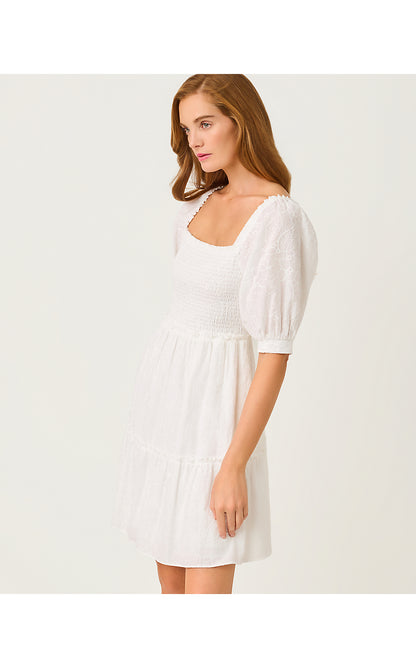 HADLY SHORT SLEEVE SMOCKED DRESS, RESORT WHITE SUNSHOWERS EMBROIDERY