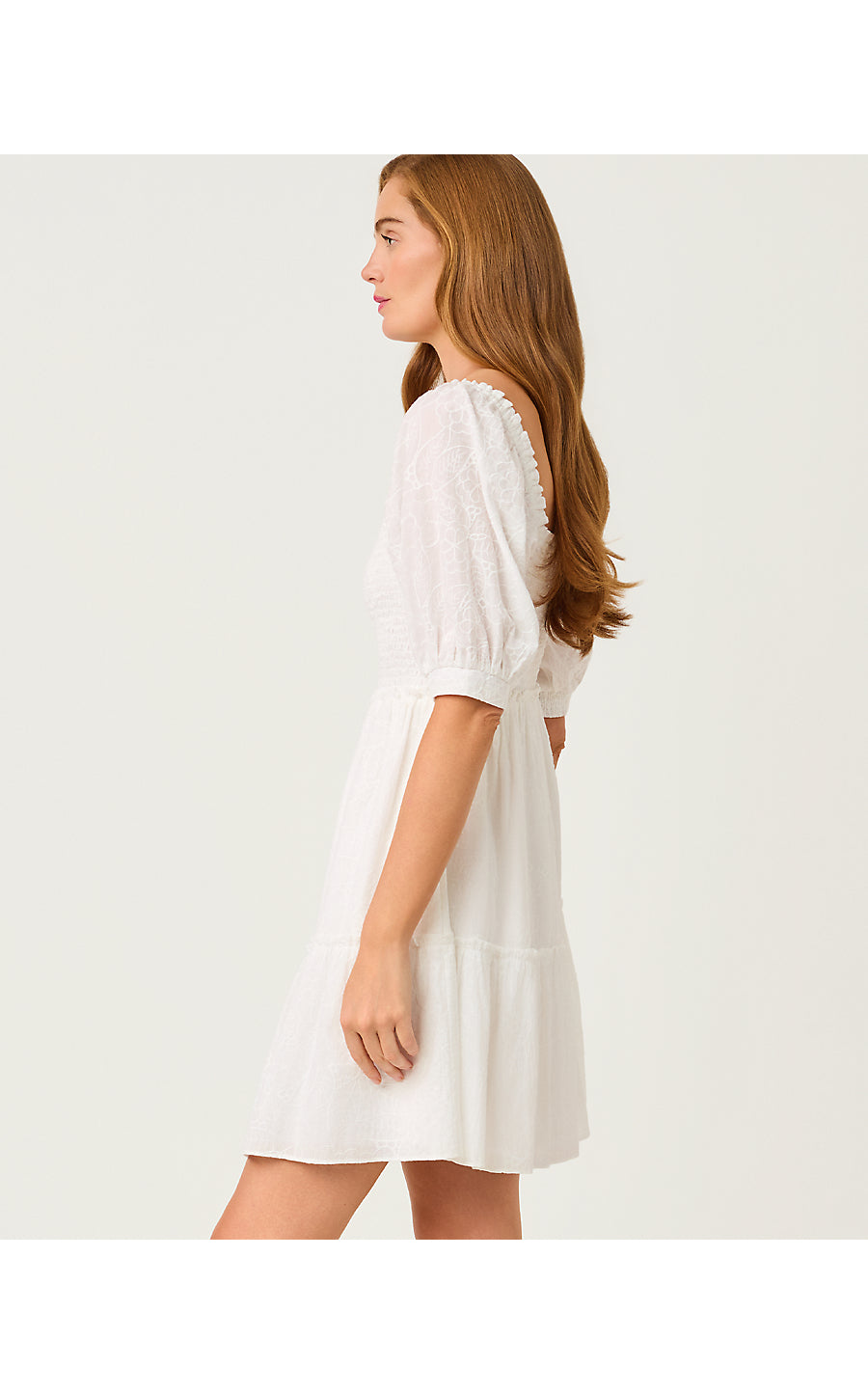 HADLY SHORT SLEEVE SMOCKED DRESS, RESORT WHITE SUNSHOWERS EMBROIDERY