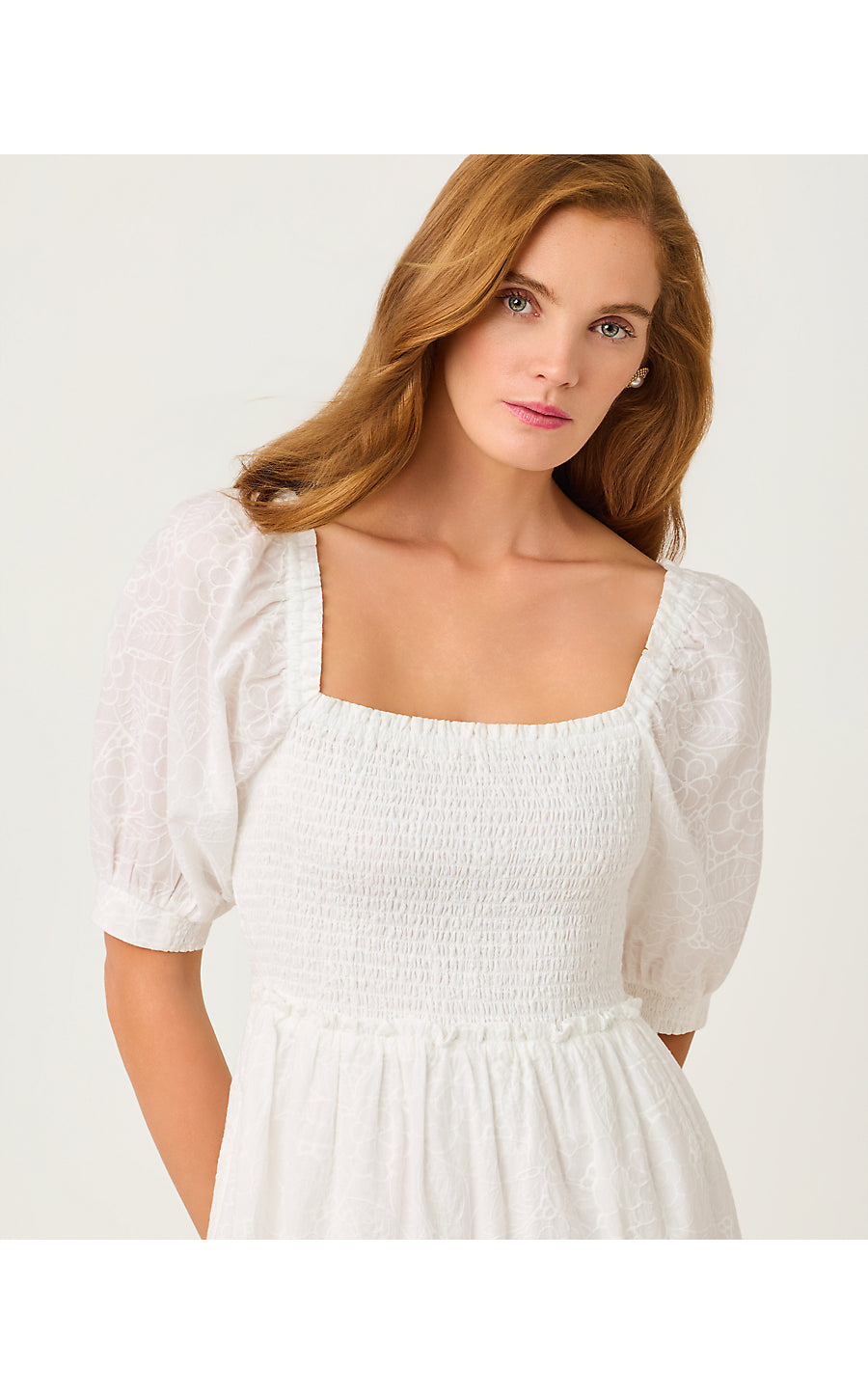 HADLY SHORT SLEEVE SMOCKED DRESS, RESORT WHITE SUNSHOWERS EMBROIDERY
