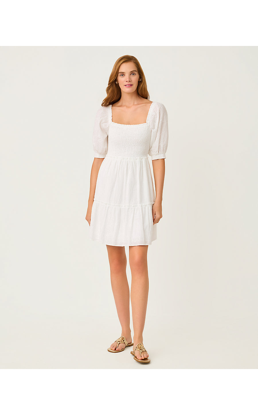 HADLY SHORT SLEEVE SMOCKED DRESS, RESORT WHITE SUNSHOWERS EMBROIDERY