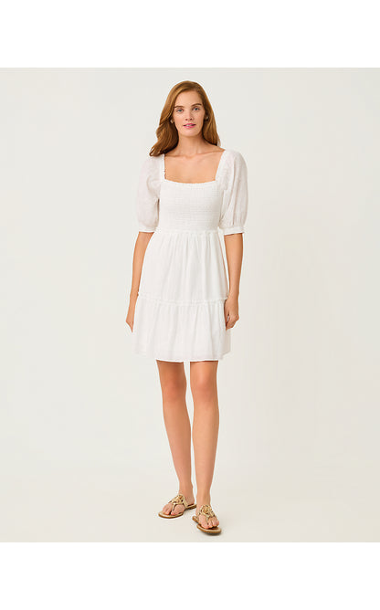 HADLY SHORT SLEEVE SMOCKED DRESS, RESORT WHITE SUNSHOWERS EMBROIDERY