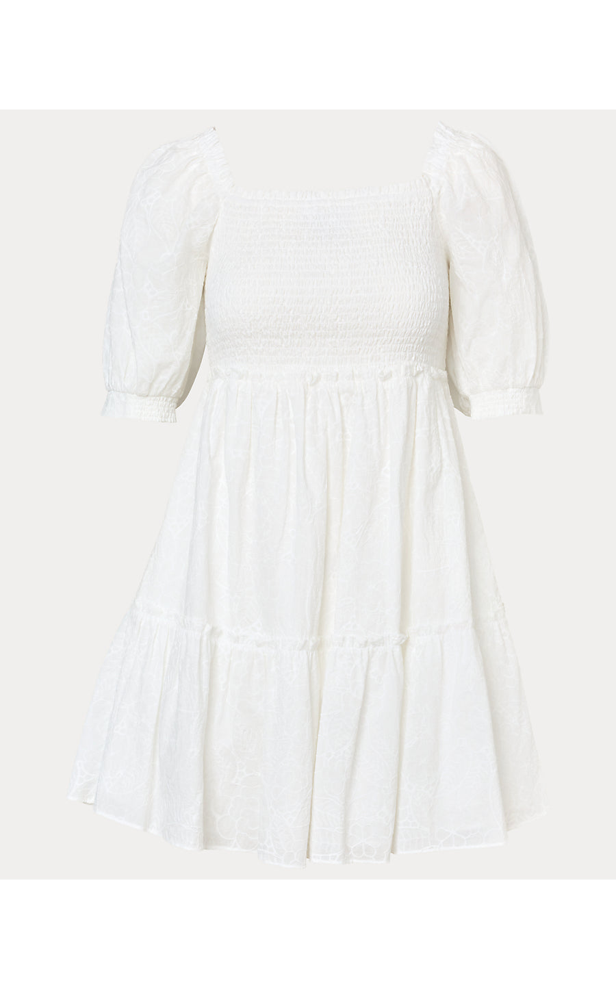 HADLY SHORT SLEEVE SMOCKED DRESS, RESORT WHITE SUNSHOWERS EMBROIDERY