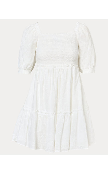 HADLY SHORT SLEEVE SMOCKED DRESS, RESORT WHITE SUNSHOWERS EMBROIDERY