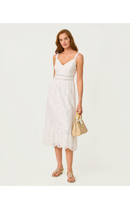 TIAH MIDI DRESS, RESORT WHITE DANCING DAISIES EYELET