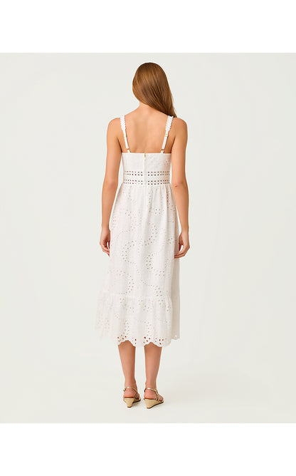 TIAH MIDI DRESS, RESORT WHITE DANCING DAISIES EYELET