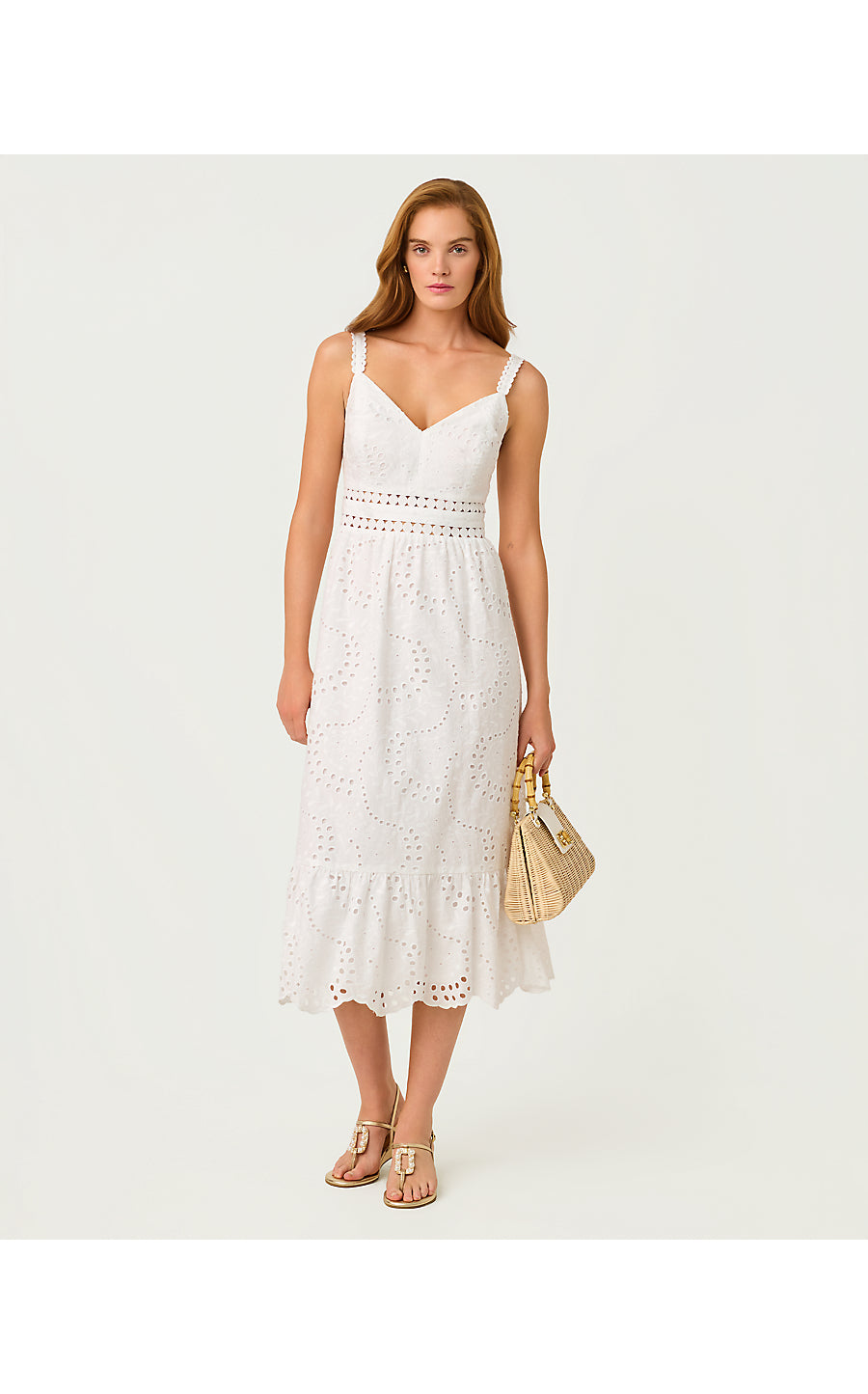 TIAH MIDI DRESS, RESORT WHITE DANCING DAISIES EYELET
