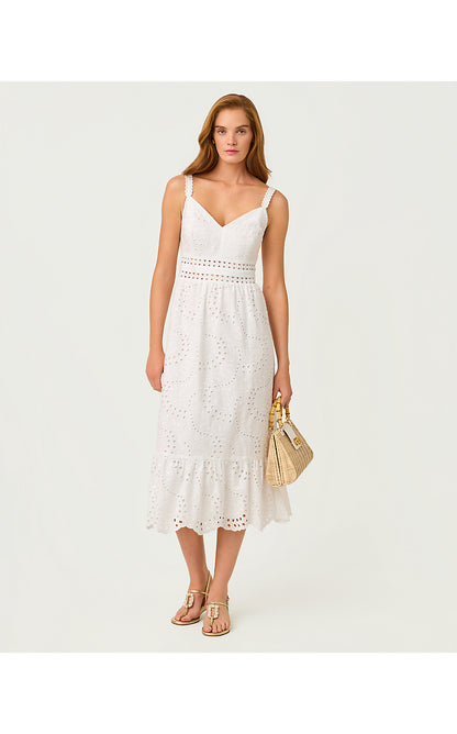 TIAH MIDI DRESS, RESORT WHITE DANCING DAISIES EYELET