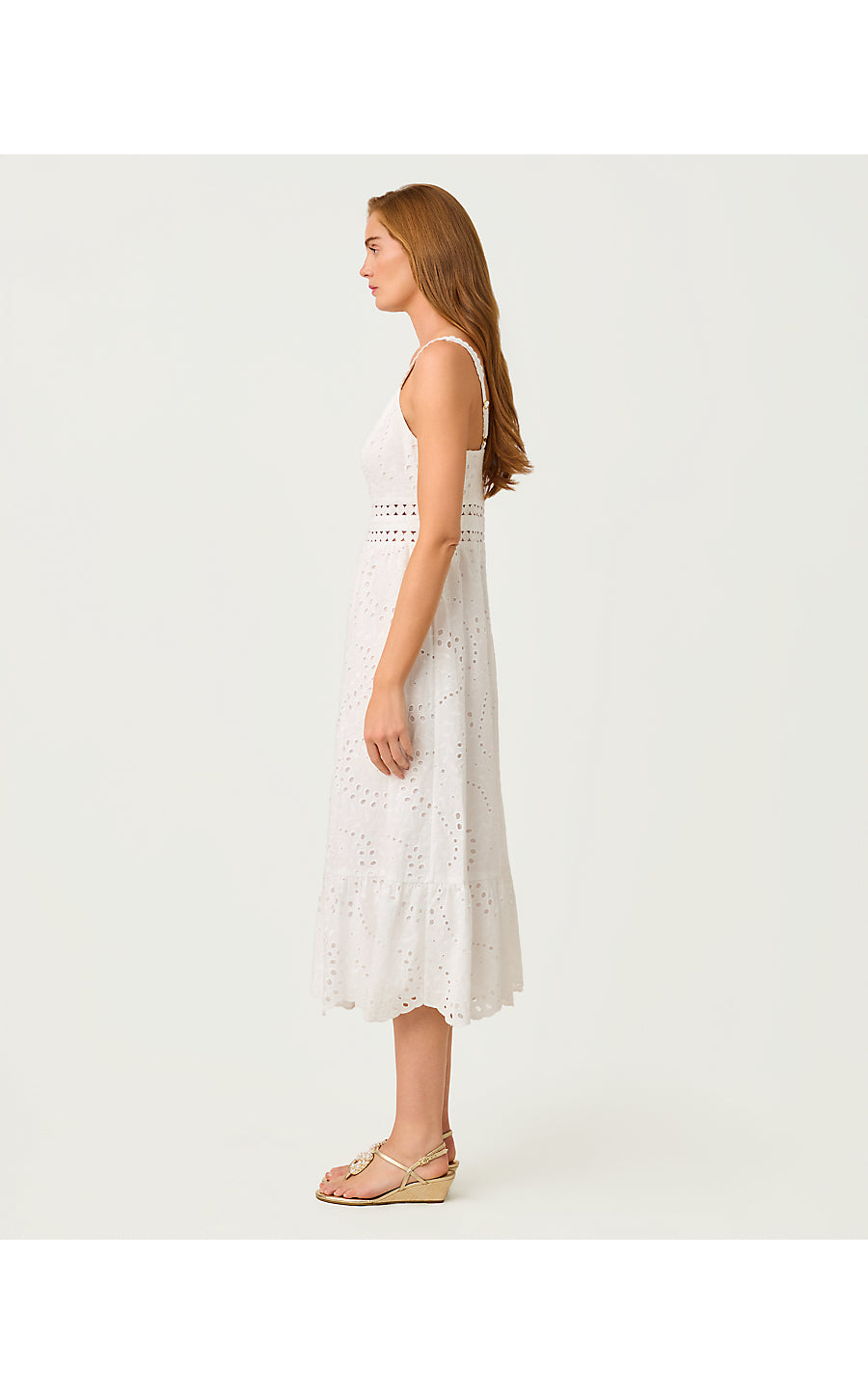 TIAH MIDI DRESS, RESORT WHITE DANCING DAISIES EYELET