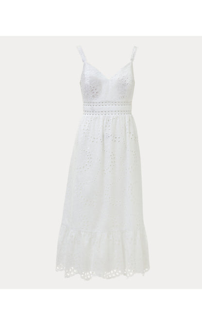 TIAH MIDI DRESS, RESORT WHITE DANCING DAISIES EYELET