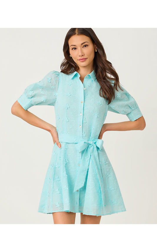 LARKYN SHIRTDRESS, DAY DREAM BLUE MONARCH EMBROIDERED COTTON SWISS DOT