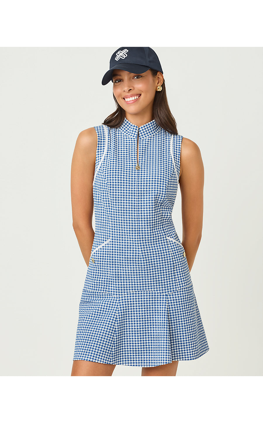 KATHY FLOUNCE DRESS UPF 50+, STARLIGHT NAVY MINI PERFORMANCE GINGHAM