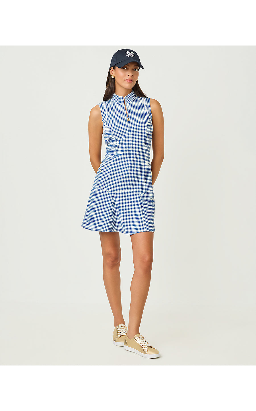 KATHY FLOUNCE DRESS UPF 50+, STARLIGHT NAVY MINI PERFORMANCE GINGHAM