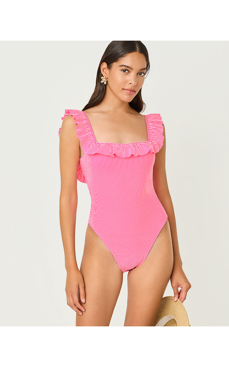 AEMMA RUFFLE ONE PIECE, CHERRY BLOSSOM PINK SEERSUCKER STRIPE