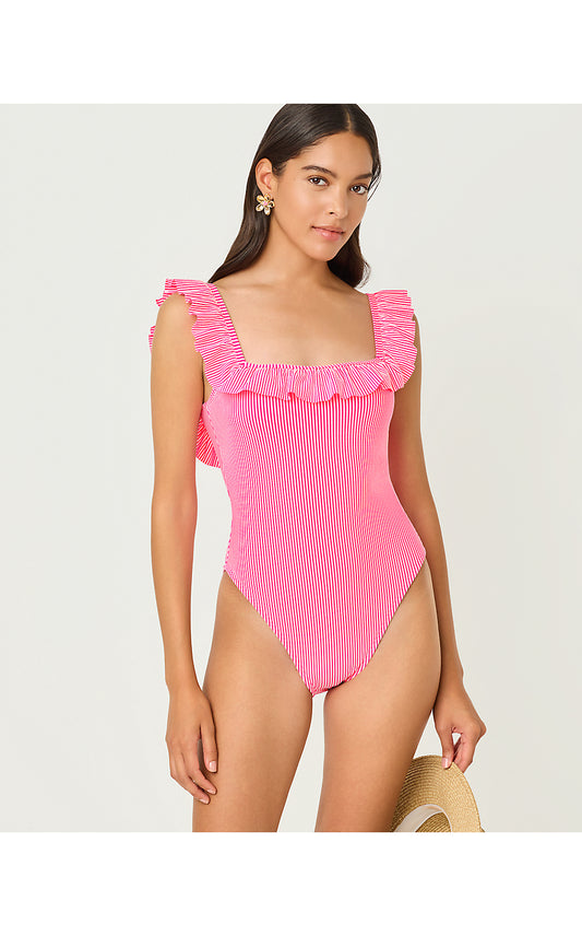 AEMMA RUFFLE ONE PIECE, CHERRY BLOSSOM PINK SEERSUCKER STRIPE