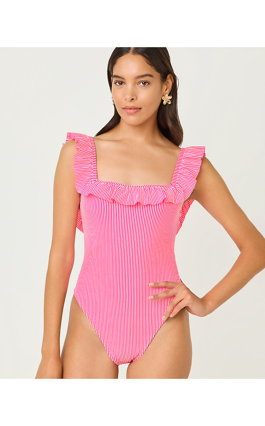 AEMMA RUFFLE ONE PIECE, CHERRY BLOSSOM PINK SEERSUCKER STRIPE