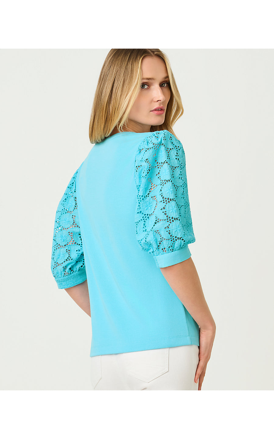 RONSON EYELET KNIT TOP, CAPRI BLUE