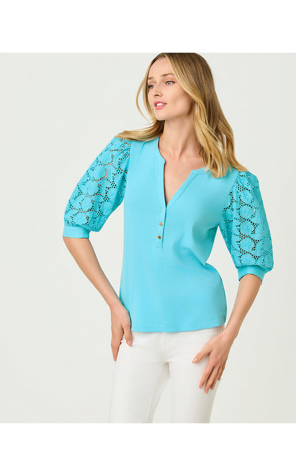 RONSON EYELET KNIT TOP, CAPRI BLUE