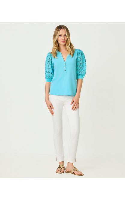 RONSON EYELET KNIT TOP, CAPRI BLUE