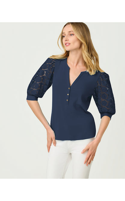 RONSON EYELET KNIT TOP, LOW TIDE NAVY