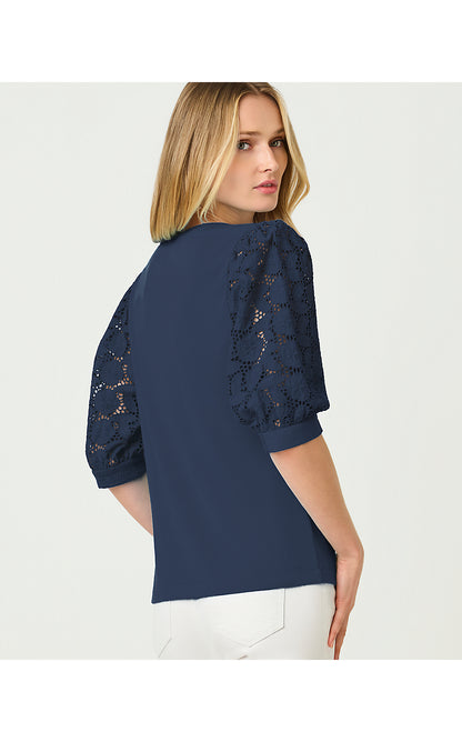 RONSON EYELET KNIT TOP, LOW TIDE NAVY
