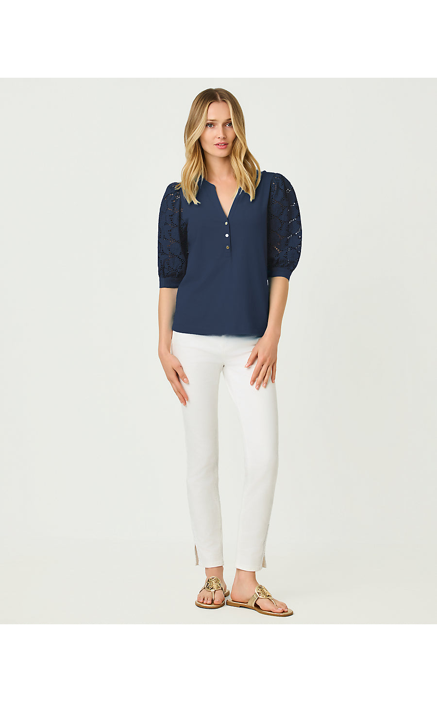 RONSON EYELET KNIT TOP, LOW TIDE NAVY