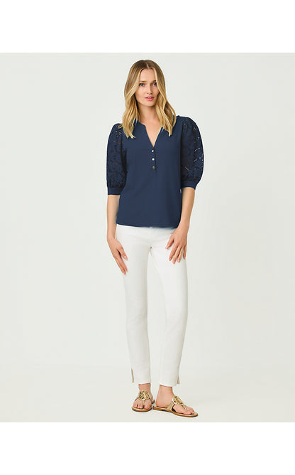 RONSON EYELET KNIT TOP, LOW TIDE NAVY