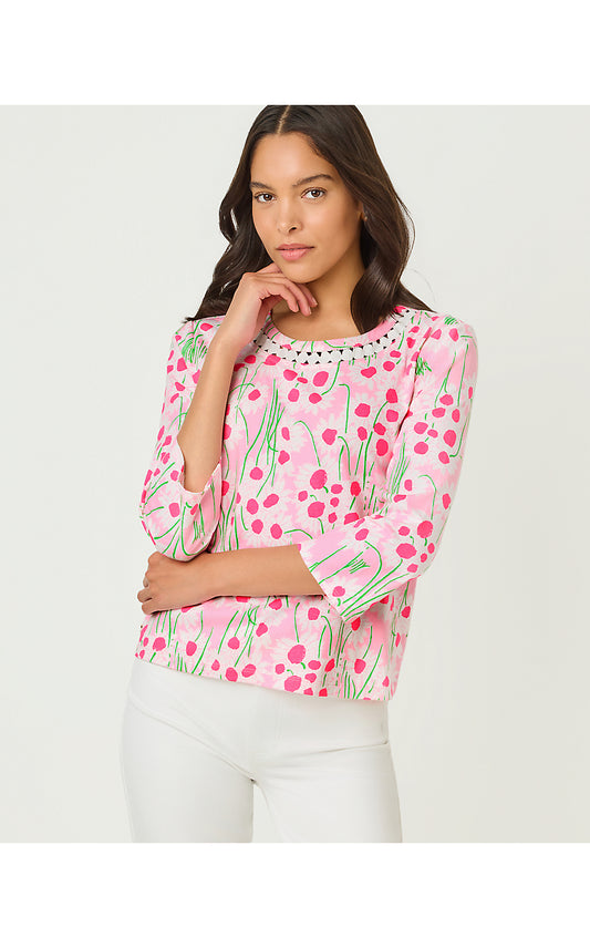 CLAIRMONT 3/4 SLEEVED TRIMMED KNIT TOP, CONCH SHELL PINK LIL SUNNY DAISIES