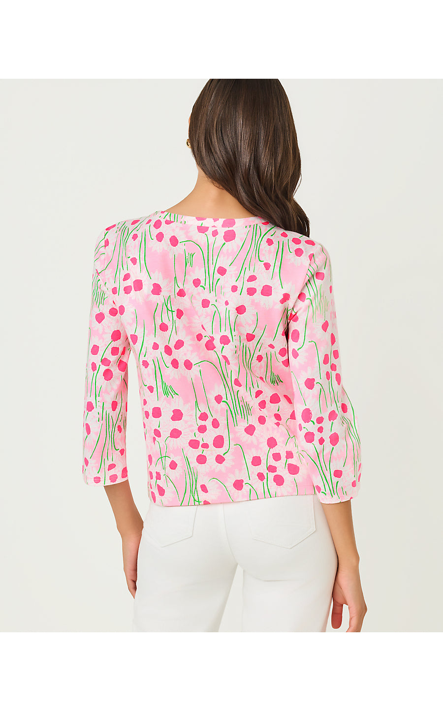 CLAIRMONT 3/4 SLEEVED TRIMMED KNIT TOP, CONCH SHELL PINK LIL SUNNY DAISIES