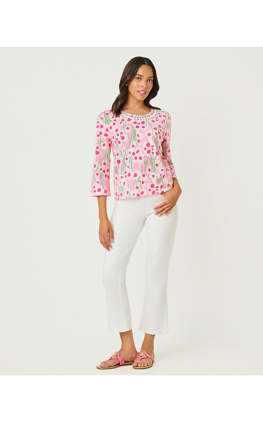 CLAIRMONT 3/4 SLEEVED TRIMMED KNIT TOP, CONCH SHELL PINK LIL SUNNY DAISIES