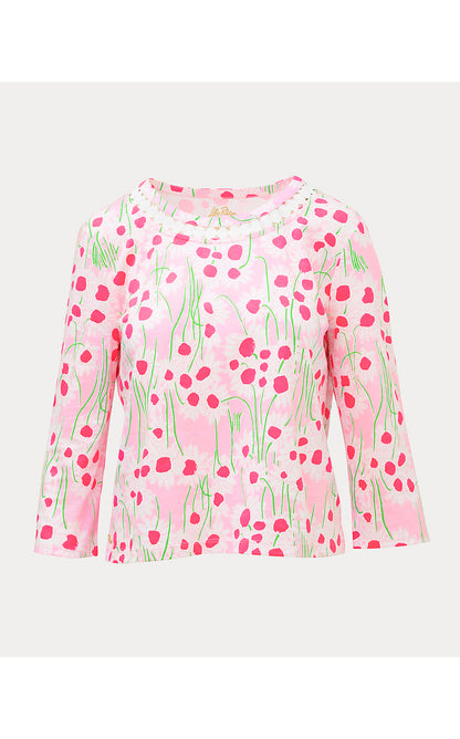 CLAIRMONT 3/4 SLEEVED TRIMMED KNIT TOP, CONCH SHELL PINK LIL SUNNY DAISIES