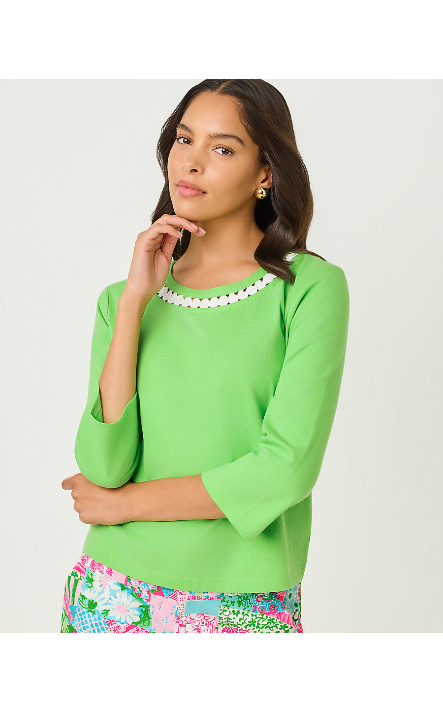 CLAIRMONT 3/4 SLEEVED TRIMMED KNIT TOP, JACKFRUIT GREEN
