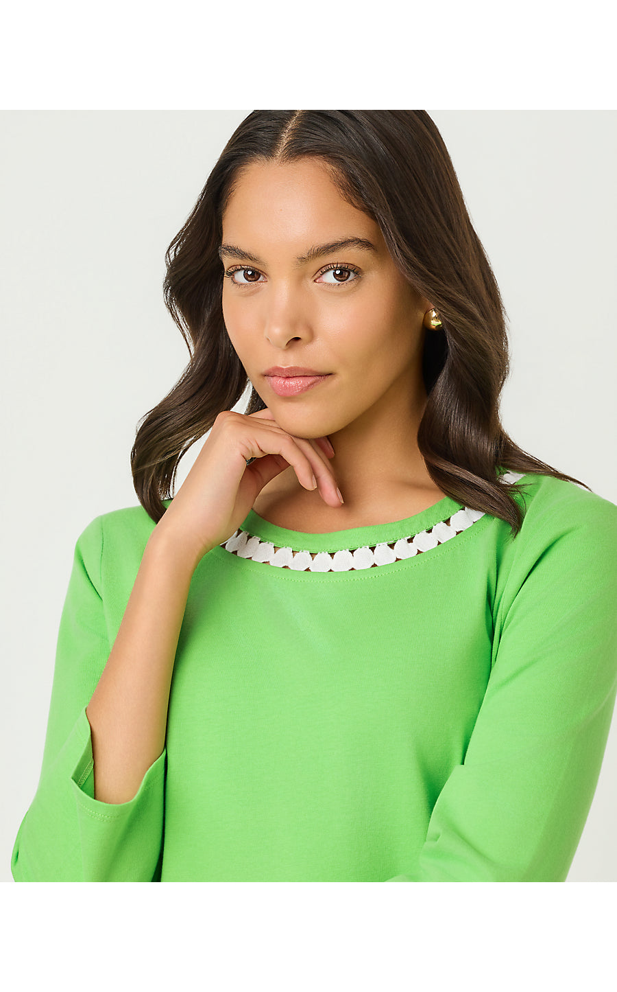 CLAIRMONT 3/4 SLEEVED TRIMMED KNIT TOP, JACKFRUIT GREEN