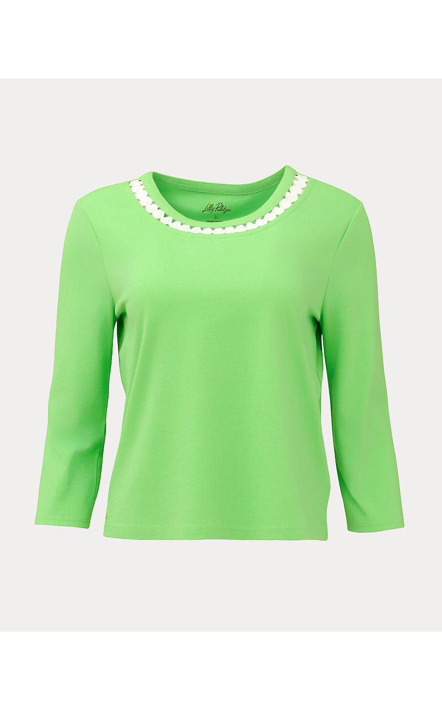 CLAIRMONT 3/4 SLEEVED TRIMMED KNIT TOP, JACKFRUIT GREEN