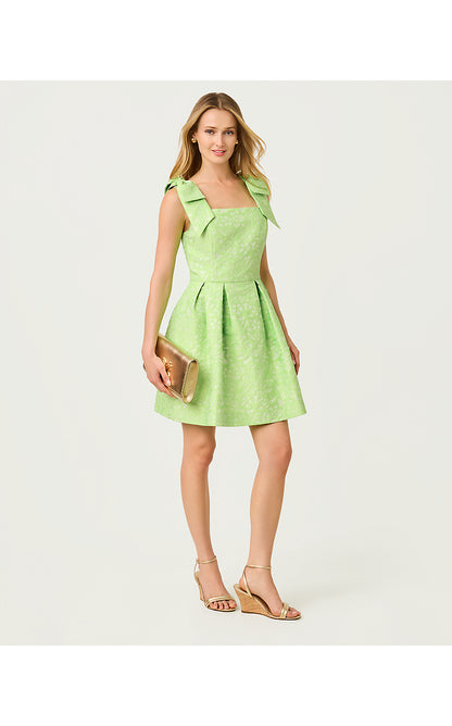 CERESE SKIRTED ROMPER, PISTACHIO MACARON FLORAL CUTWORK METALLIC STRIPE