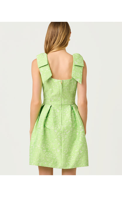 CERESE SKIRTED ROMPER, PISTACHIO MACARON FLORAL CUTWORK METALLIC STRIPE