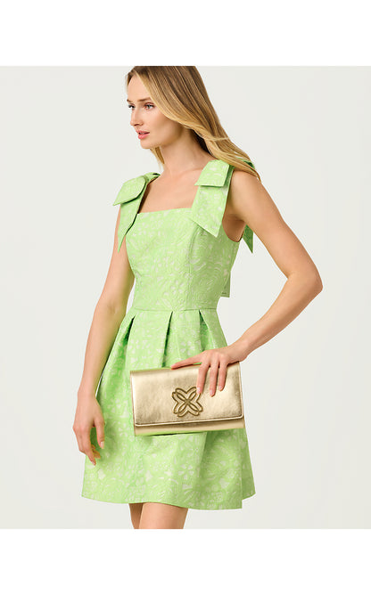 CERESE SKIRTED ROMPER, PISTACHIO MACARON FLORAL CUTWORK METALLIC STRIPE