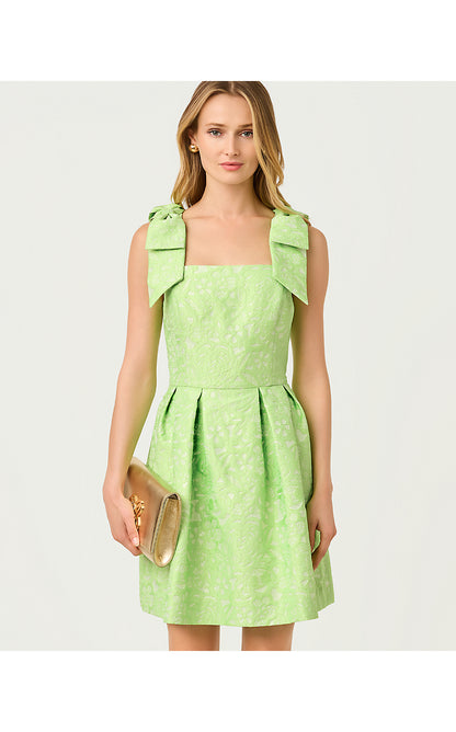 CERESE SKIRTED ROMPER, PISTACHIO MACARON FLORAL CUTWORK METALLIC STRIPE