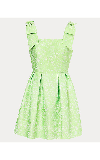 CERESE SKIRTED ROMPER, PISTACHIO MACARON FLORAL CUTWORK METALLIC STRIPE