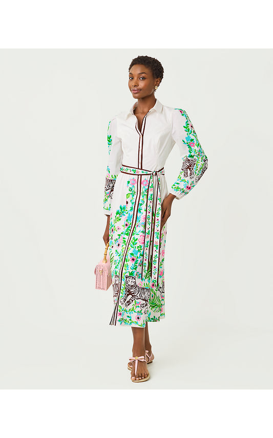 LUANNE STRETCH MIDI SHIRT, RESORT WHITE ROYAL ZOO ENGINEERED WOVEN DRESS