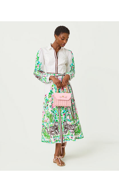 LUANNE STRETCH MIDI SHIRT, RESORT WHITE ROYAL ZOO ENGINEERED WOVEN DRESS