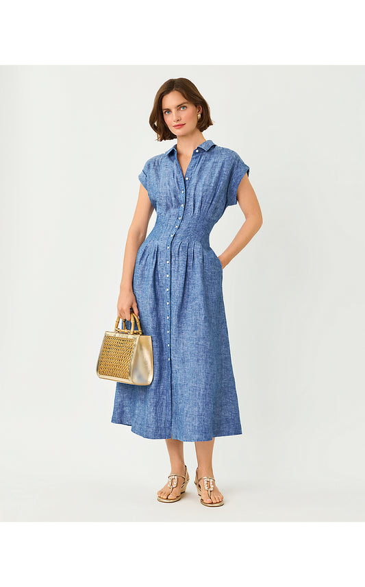 TONYA LINEN MIDI SHIRTDRESS, STARLIGHT NAVY X RESORT WHITE