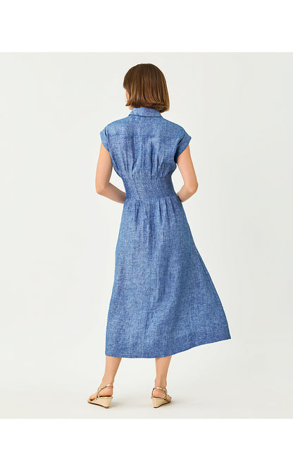 TONYA LINEN MIDI SHIRTDRESS, STARLIGHT NAVY X RESORT WHITE