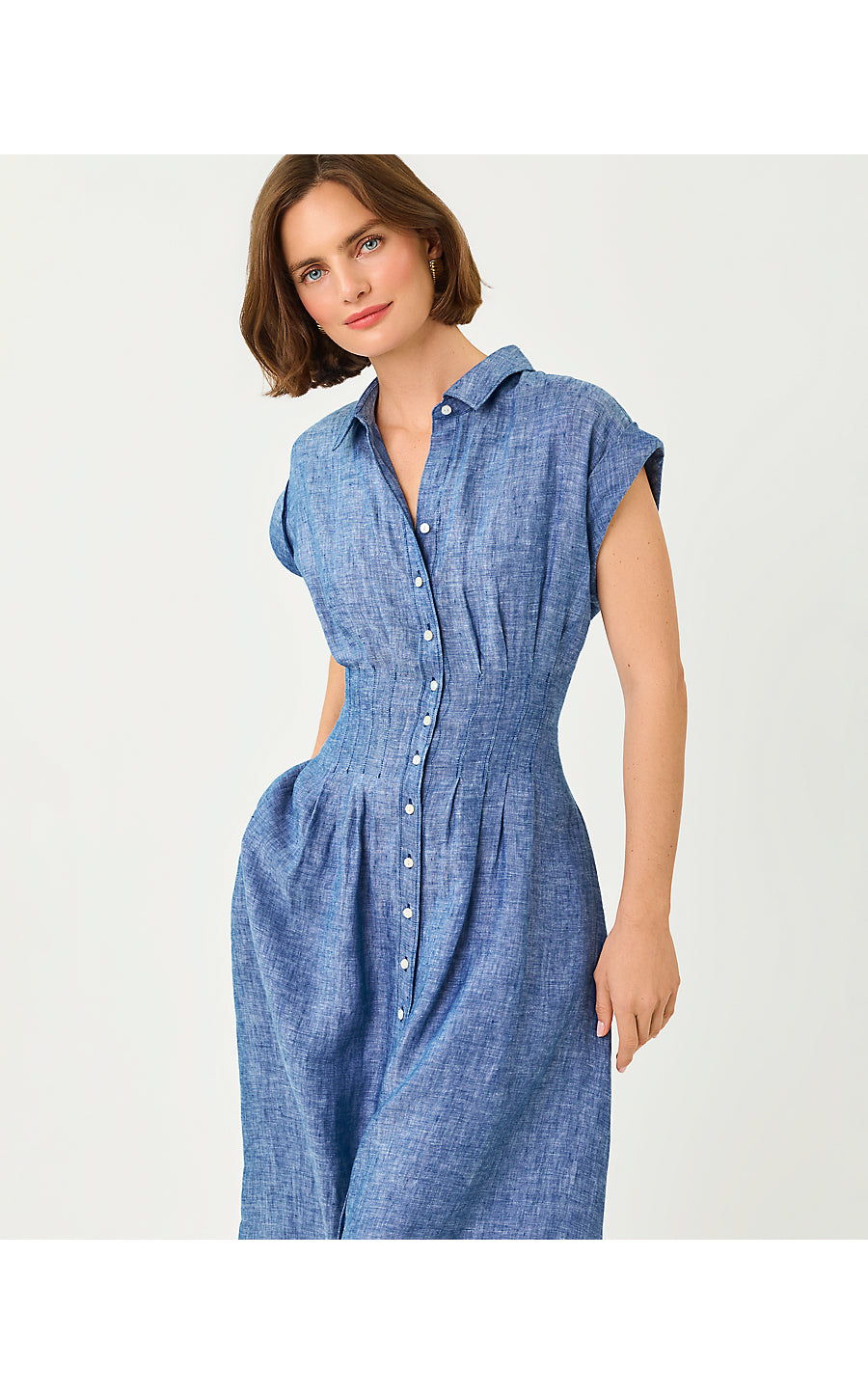 TONYA LINEN MIDI SHIRTDRESS, STARLIGHT NAVY X RESORT WHITE