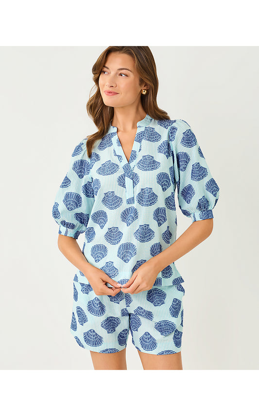 MIALEIGH ELBOW SLEEVE TOP, DAY DREAM BLUE SEASHELL JACQUARD YARN DYED STRIPE