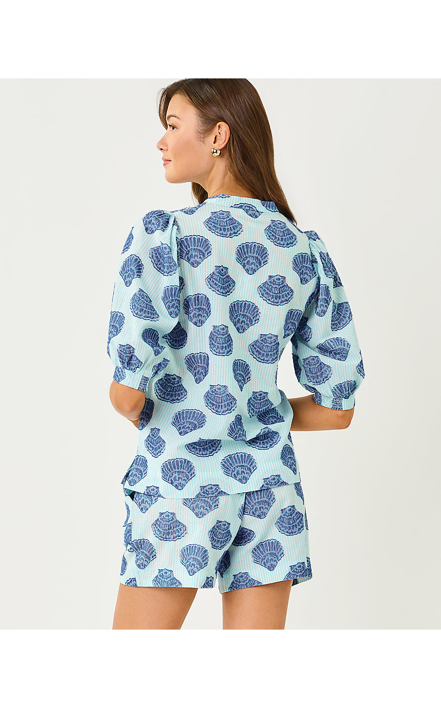 MIALEIGH ELBOW SLEEVE TOP, DAY DREAM BLUE SEASHELL JACQUARD YARN DYED STRIPE
