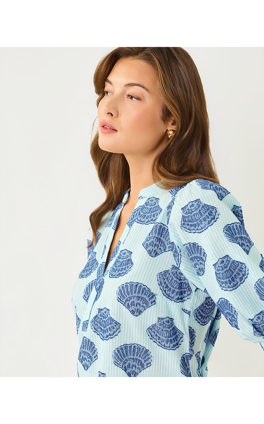 MIALEIGH ELBOW SLEEVE TOP, DAY DREAM BLUE SEASHELL JACQUARD YARN DYED STRIPE