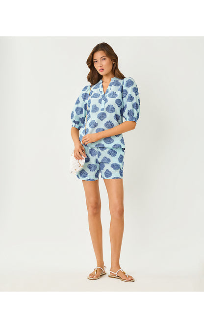 MIALEIGH ELBOW SLEEVE TOP, DAY DREAM BLUE SEASHELL JACQUARD YARN DYED STRIPE