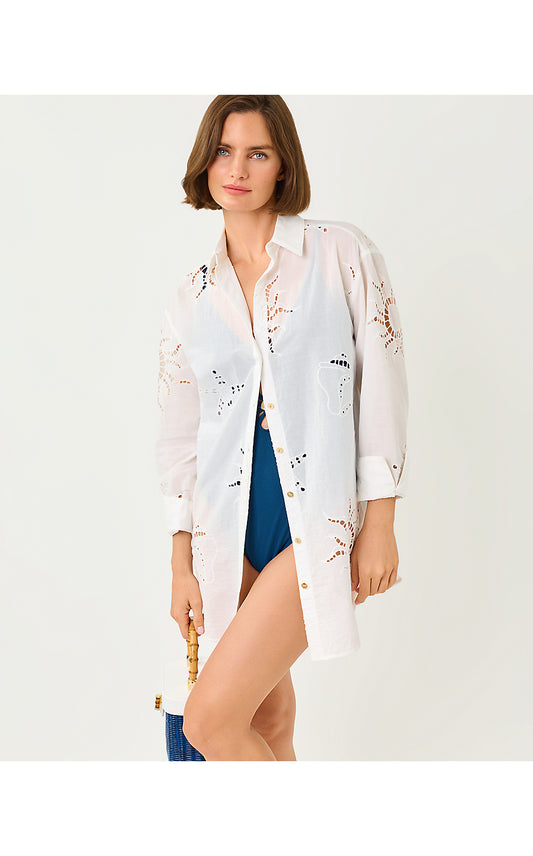 KWITNEY LONG-SLEEVE COVER-UP, RESORT WHITE DOWN THE SHORE EYELET