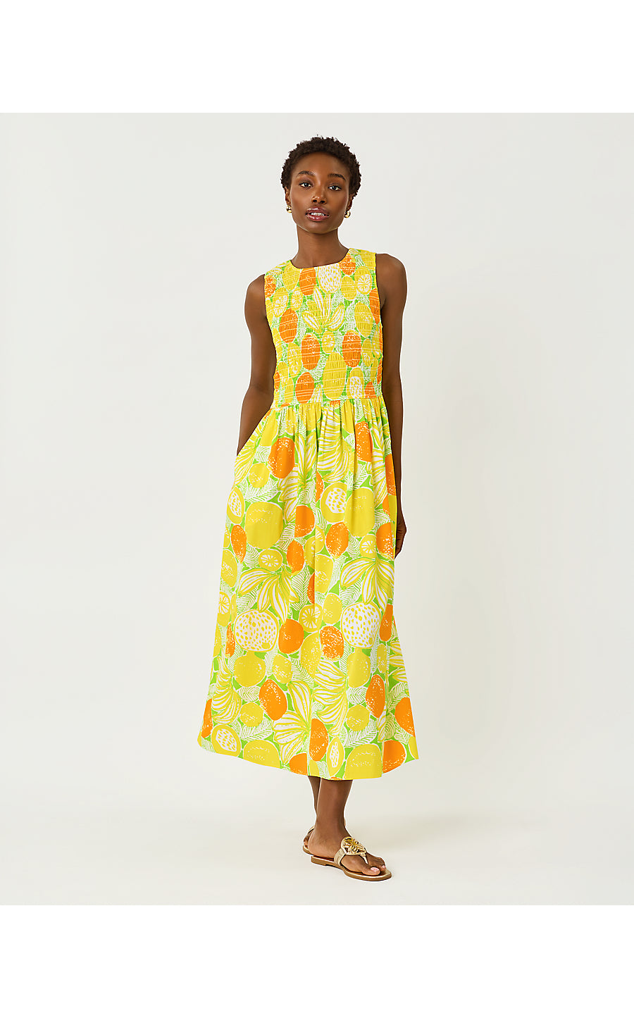 DAISEY SMOCKED MIDI DRESS, ISLAND PALM OVERSIZED ZESTY