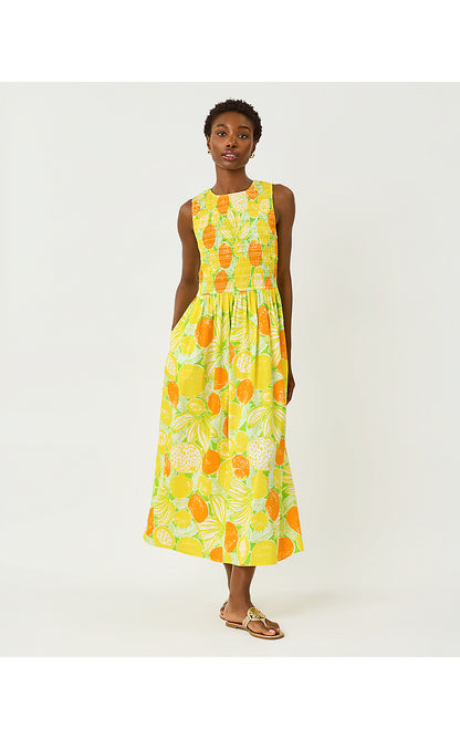 DAISEY SMOCKED MIDI DRESS, ISLAND PALM OVERSIZED ZESTY